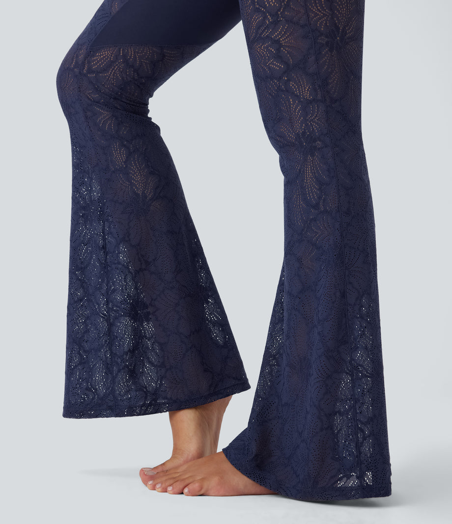 SoftlyZero™ High Waisted Crossover Pocket Contrast Lace Flare Yoga Leggings - Peacoat