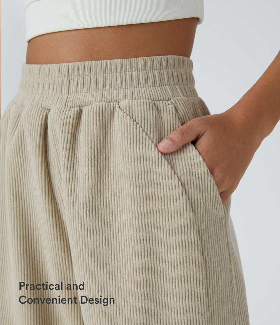 High Waisted Pocket Straight Leg Baggy Mop Corduroy Casual Pants - Almond Milk