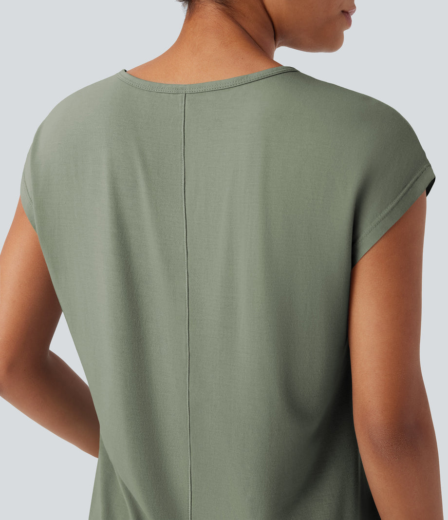 V Neck Short Sleeve Casual T-Shirt - Hedge Green