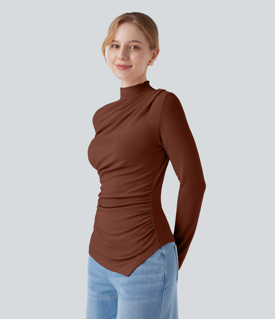 Mock-neck Long Sleeve Ruched Asymmetric Hem Thermal Casual Top - Smoked Paprika