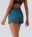 High Waisted Elastic Waistband Drawstring Pleated Yoga Shorts 3" with Pockets - Blue Coral