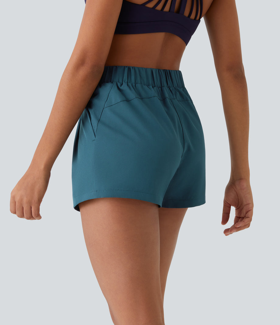 High Waisted Elastic Waistband Drawstring Pleated Yoga Shorts 3" with Pockets - Blue Coral
