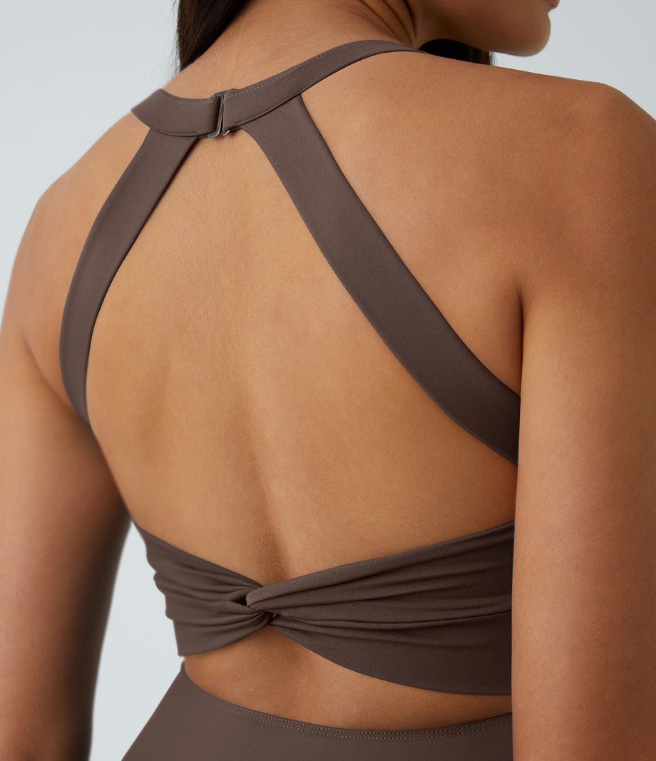 SoftlyZero™ Airy Backless Twisted Flare Low Support Dance Active Dress-Longer Length-Easy Peezy Edition A-D Cups - Chocolate Martini