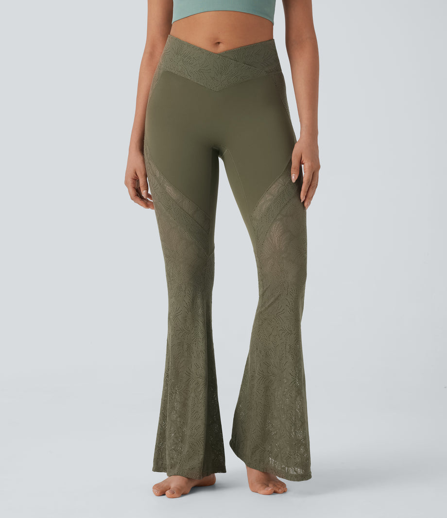 SoftlyZero™ High Waisted Crossover Pocket Contrast Lace Flare Yoga Leggings - Grass Grey Green
