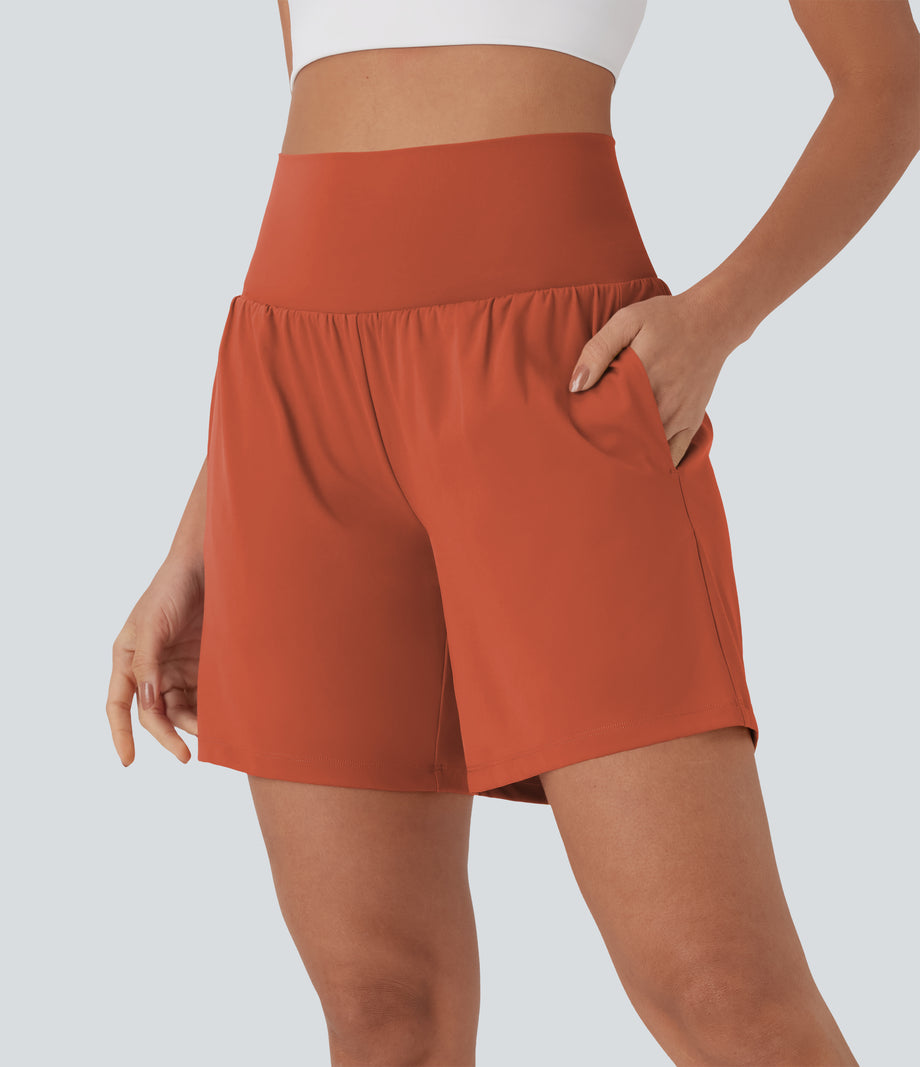 SoftlyZero™ Airy Super High Waisted 2-in-1 Cool Touch Yoga Shorts 7" with Pockets - Orange Rust