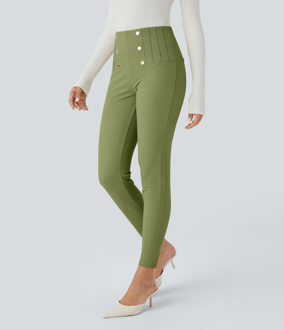 High Waisted Tummy Control Decorative Back Zipper Pockets Herringbone Work Leggings - Iguana