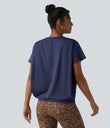 Round Neck Short Sleeve Ruched Cool Touch Yoga Sports Top-UPF50+ - Patriot Blue