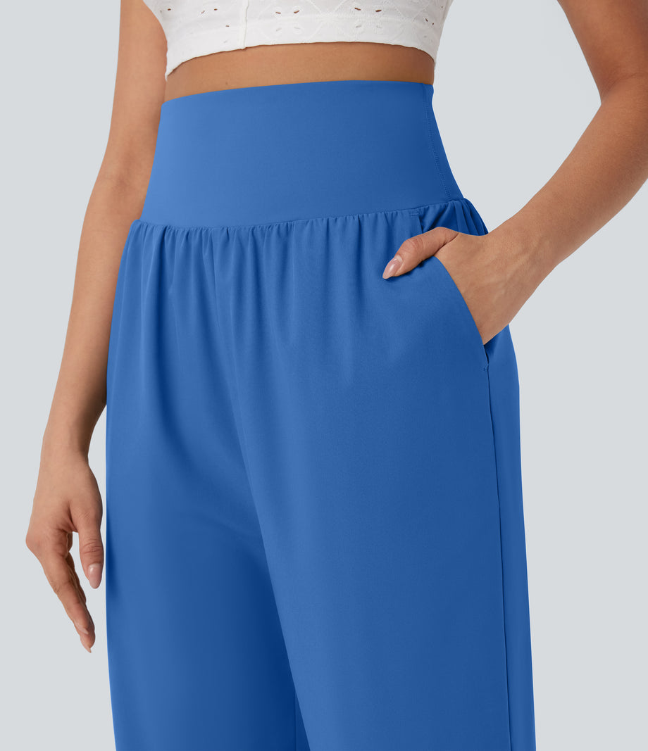 Breezeful™ High Waisted Tummy Control Hem Quick Dry Capri Pants with Pockets - Nebulas Blue