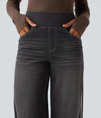 Halara Flex™ High Waisted Stripe Wide Leg Flowy Washed Casual Jeans with Pockets - Poppy Seed Denim