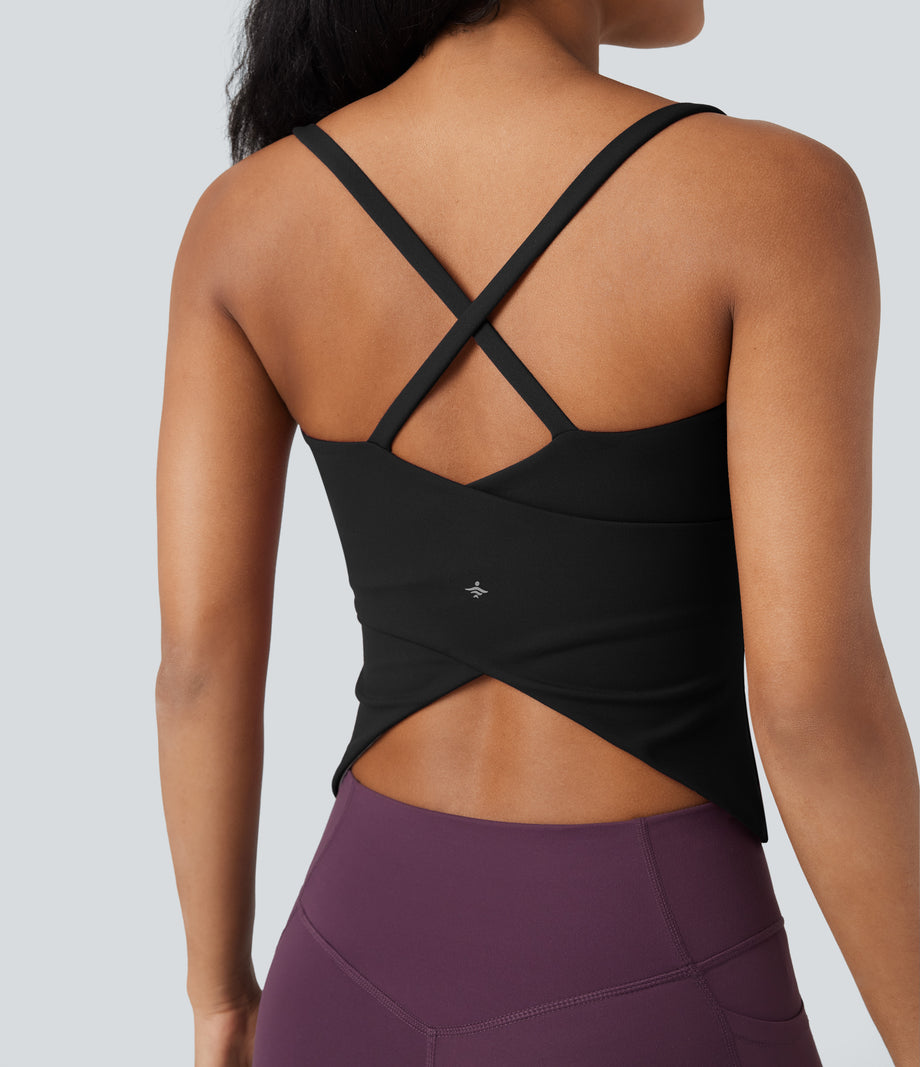 Scoop Neck Crisscross Back Crossover Hem Yoga Cami Top - Black