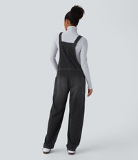 Halara Flex™ V Neck Pocket Washed Denim Casual Overalls - Dirty Grey Black Denim