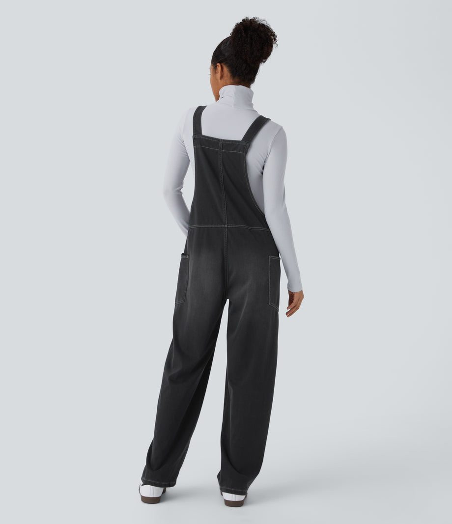 Halara Flex™ V Neck Pocket Washed Denim Casual Overalls - Dirty Grey Black Denim