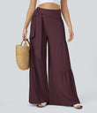 Breezeful™ High Waisted Shirred Tie Front & Back Wide Leg Flowy Quick Dry Casual Pants - Deep Crimson