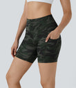 High Waisted Pocket Running Biker Shorts - Green Camo