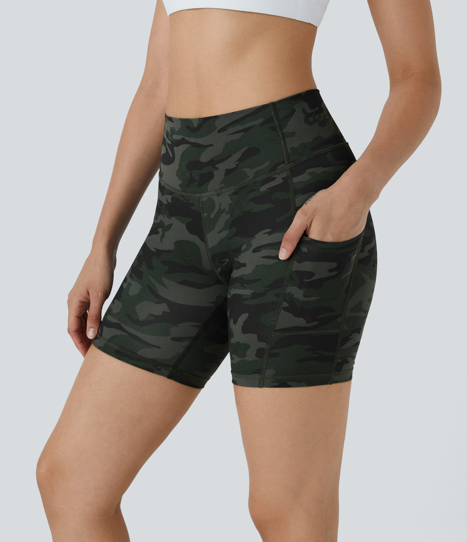 High Waisted Pocket Running Biker Shorts - Green Camo