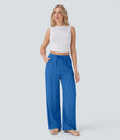 High Waisted Drawstring Pocket Wide Leg Baggy Casual Linen-Feel Pants - Strong Blue