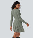 Ribbed Knit V Neck Long Sleeve Flare Mini Casual Dress with Pockets - Wrought Iron