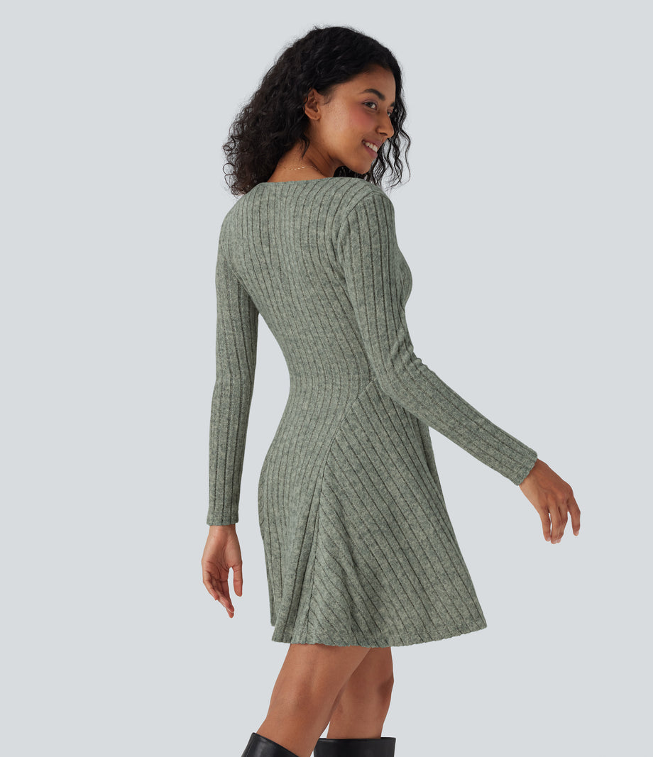 Ribbed Knit V Neck Long Sleeve Flare Mini Casual Dress with Pockets - Wrought Iron
