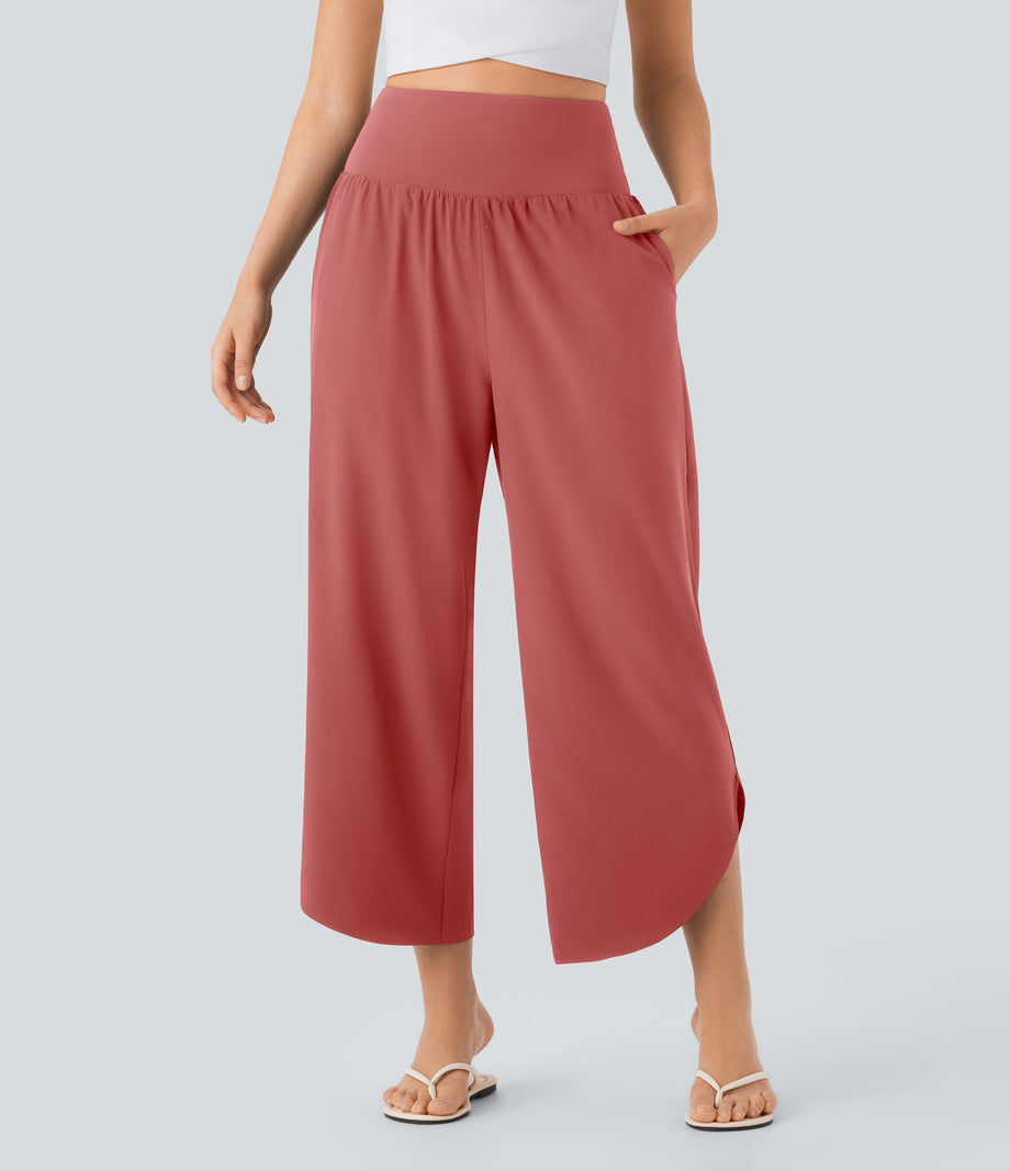 Breezeful™ High Waisted Tummy Control Split Hem Quick Dry Resort Pants with Pockets - Kapok Red
