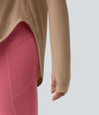 One Shoulder Long Sleeve Thumb Hole Curved Hem High Low Quick Dry Yoga Sports Top-Built-in Bra - Praline