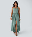 Twisted Backless Split Flowy Maxi Resort Dress with Pockets - Misty Pale Blue