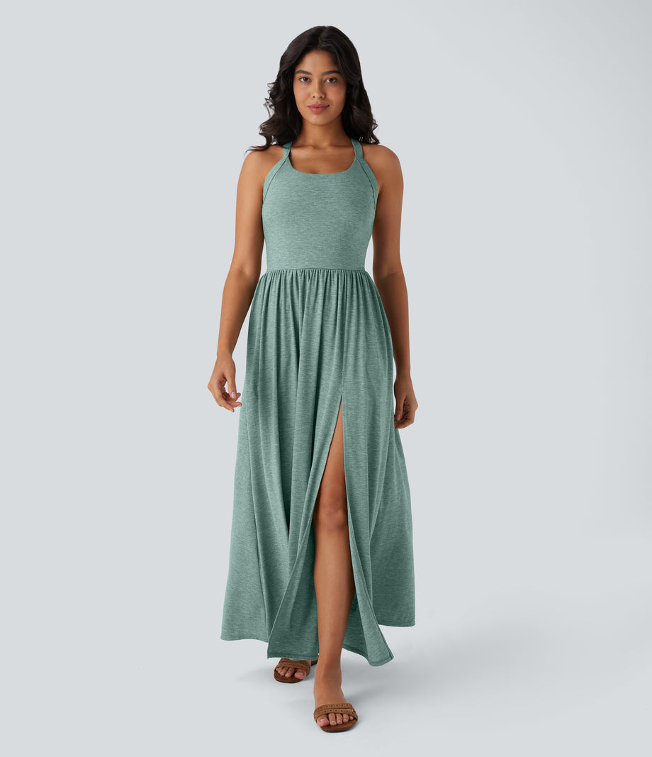 Twisted Backless Split Flowy Maxi Resort Dress with Pockets - Misty Pale Blue