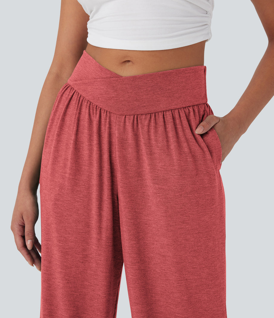 Crossover High Waisted Pocket Drawstring Casual Joggers - Poinsettia Floral Yarn