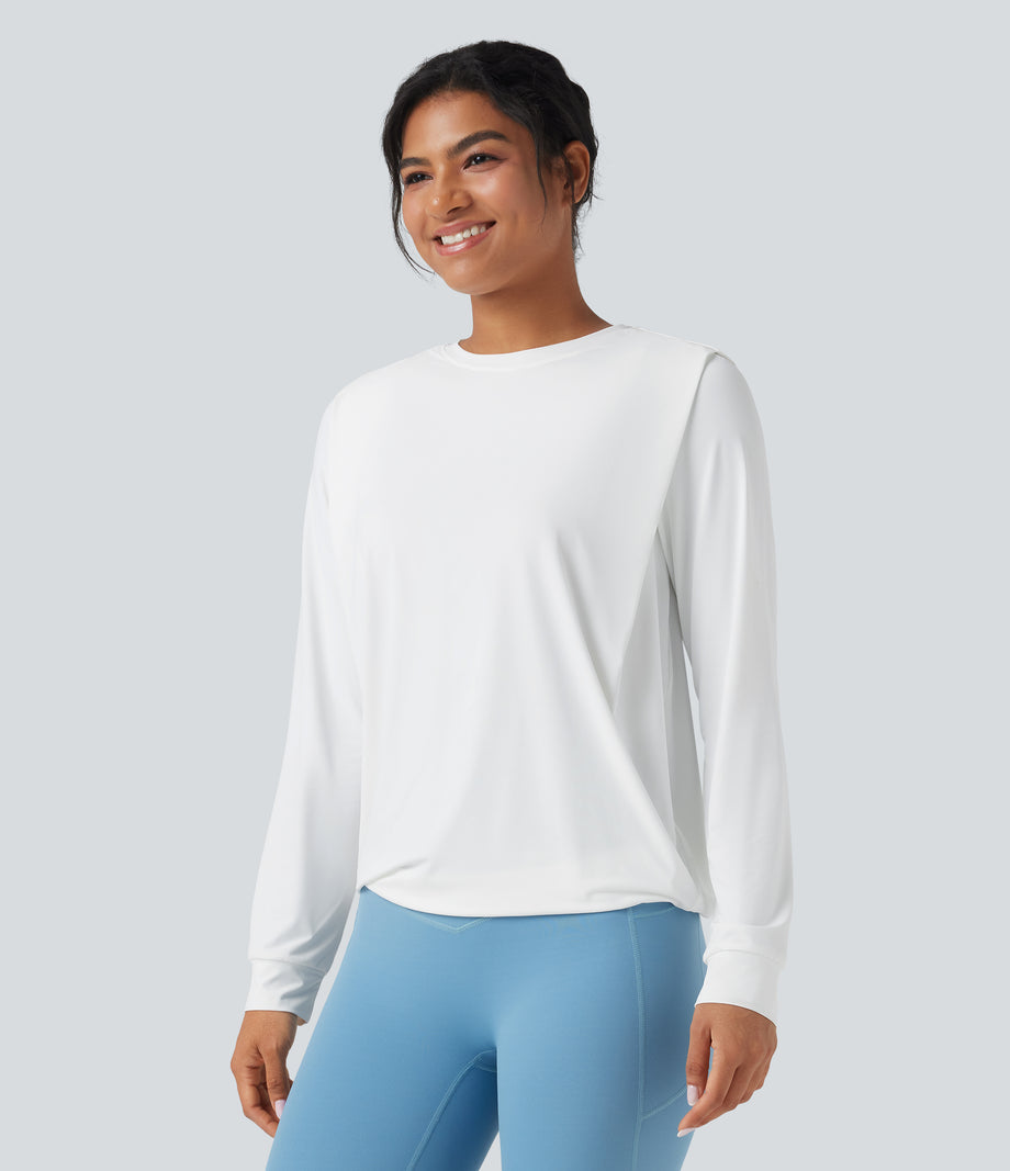 Round Neck Long Sleeve Ruched Yoga Sports Top-UPF50+ - White