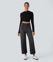 Halara Flex™ High Waisted Pockets Rolled Hem Wide Leg Washed Casual Jeans - Deep Ink Black Denim