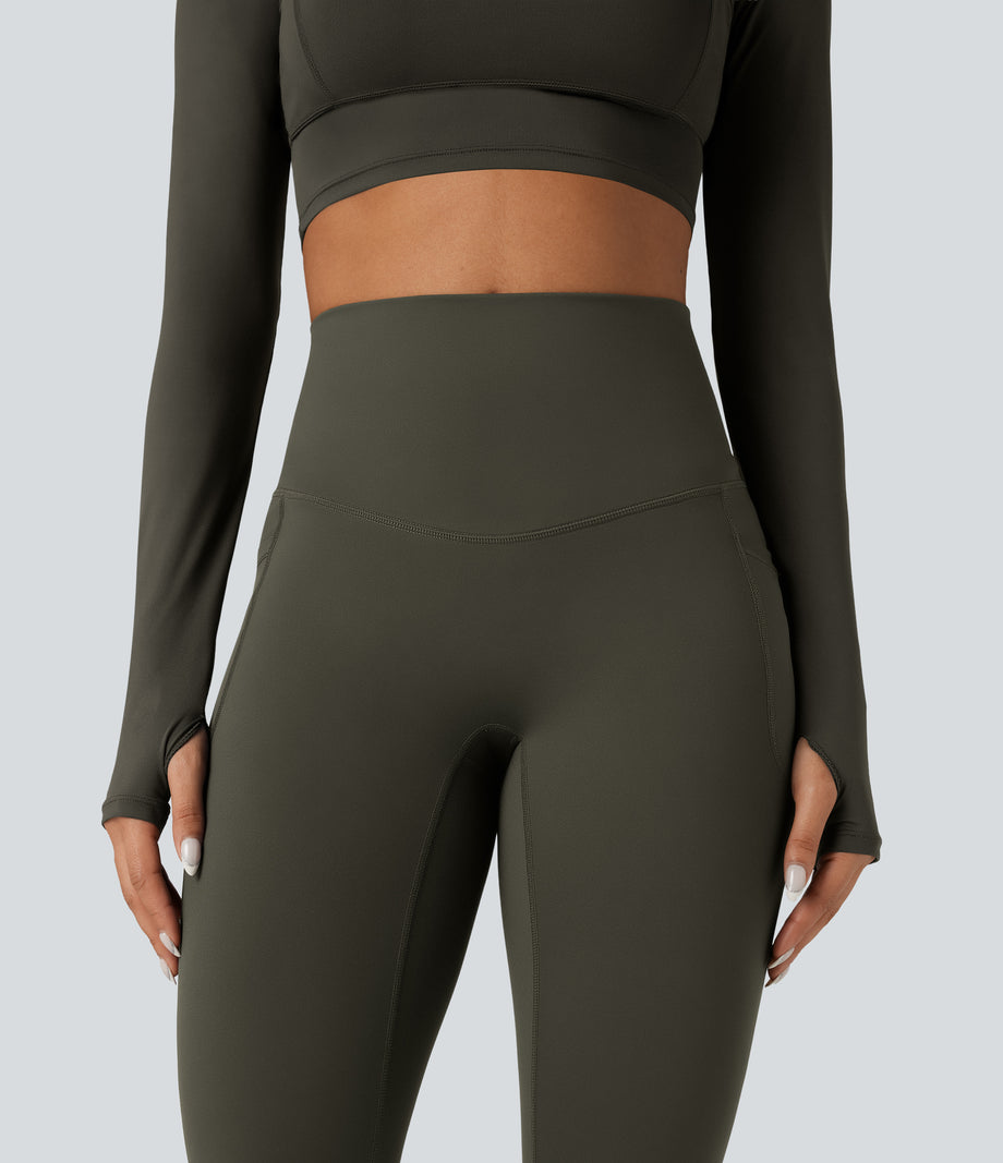 Halara Ultrasculpt™ Heat High Waisted Tummy Control Crossover Back Fleece Running Leggings with Pockets - Forest Night