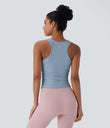 Round Neck Racerback Ruched Yoga Tank Top - Light Grey Blue