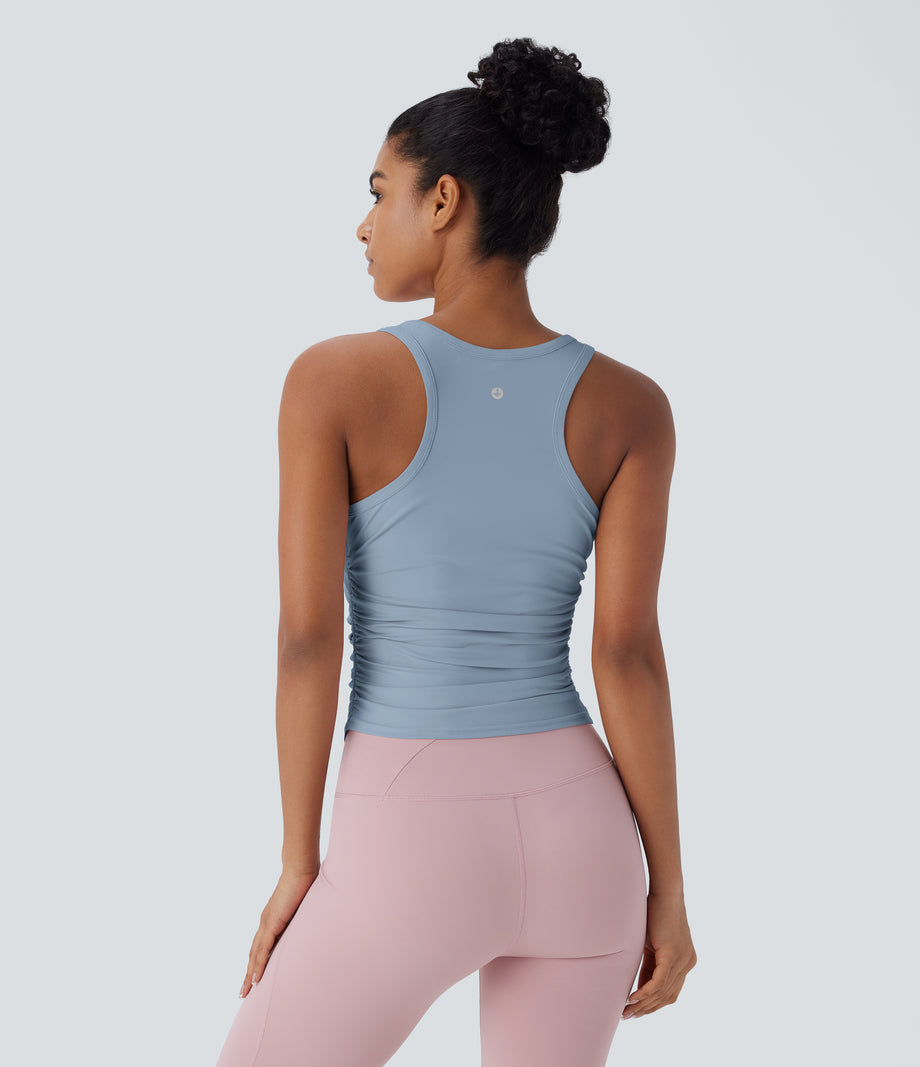 Round Neck Racerback Ruched Yoga Tank Top - Light Grey Blue