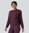 Round Neck Long Sleeve Ruched Yoga Sports Top-UPF50+ - Fig