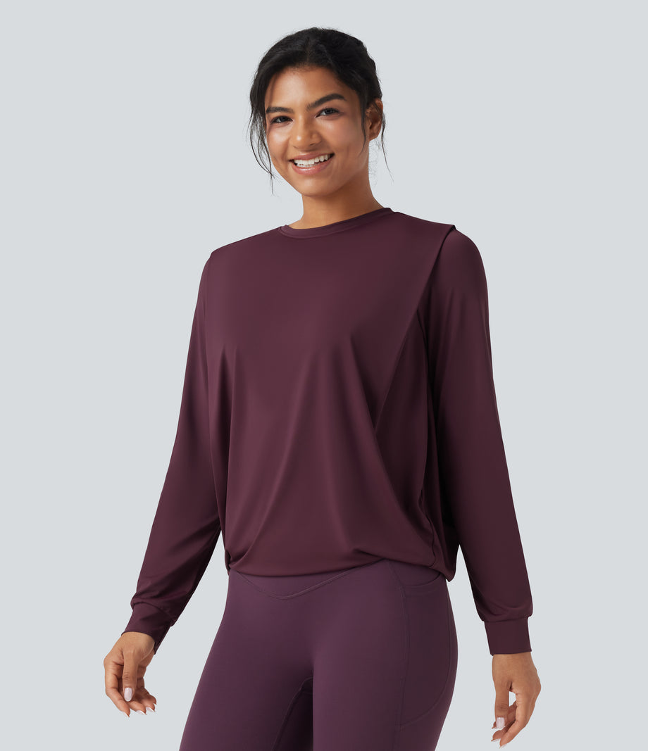 Round Neck Long Sleeve Ruched Yoga Sports Top-UPF50+ - Fig
