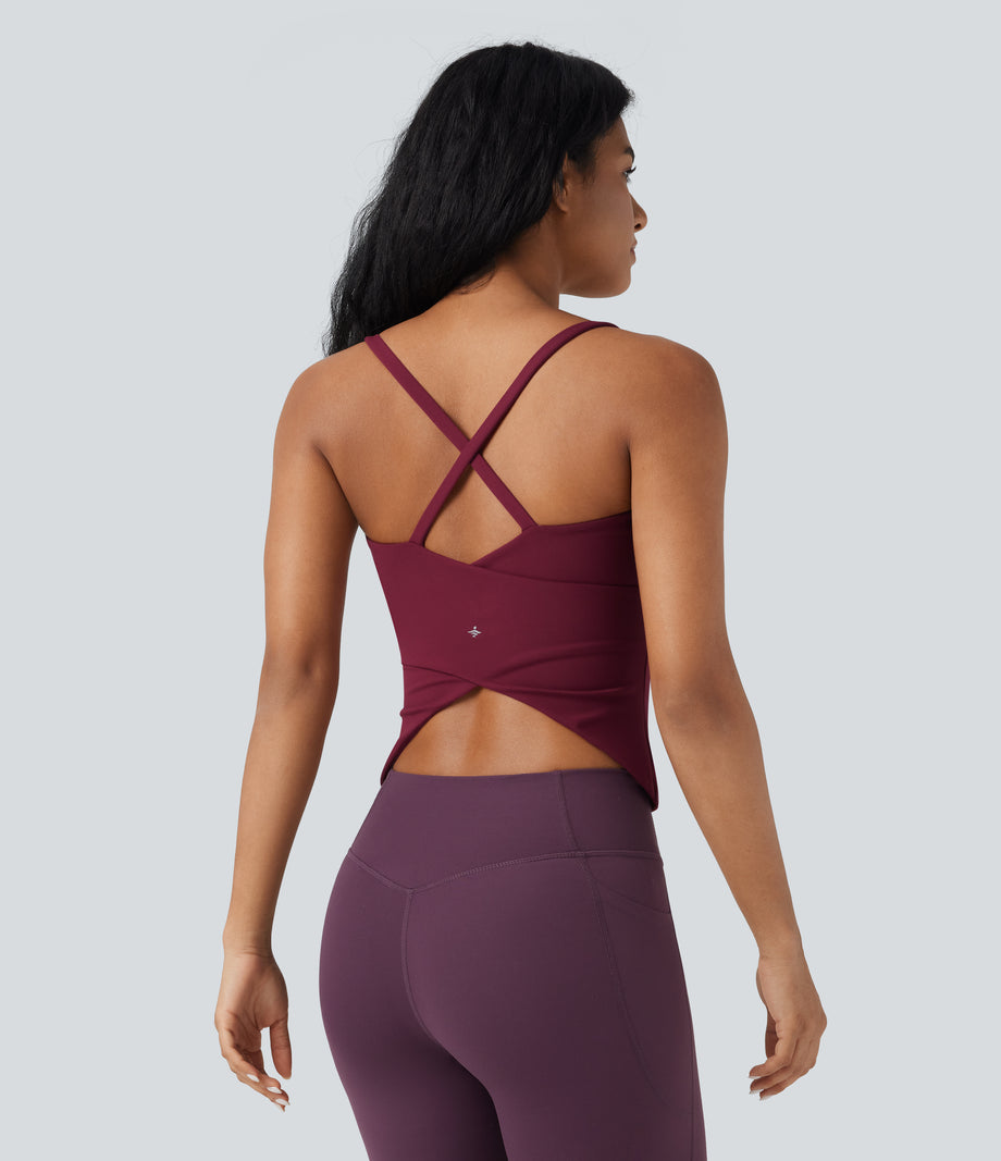 Scoop Neck Crisscross Back Crossover Hem Yoga Cami Top - Deep Wine