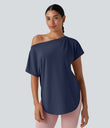 One Shoulder Short Sleeve Curved Hem High Low Quick Dry Yoga Sports Top - Mood Indigo