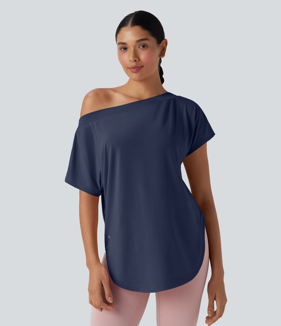 One Shoulder Short Sleeve Curved Hem High Low Quick Dry Yoga Sports Top - Mood Indigo