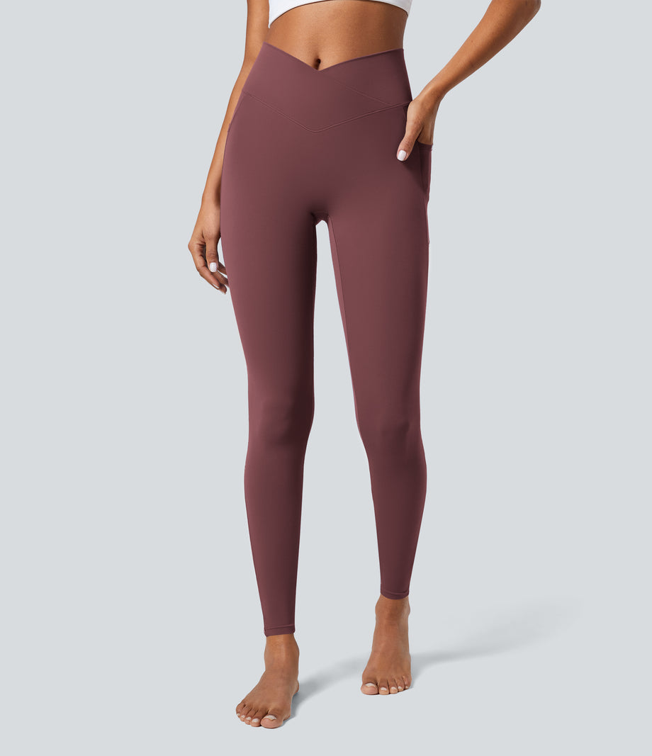 SoftlyZero™ Crossover Pocket Plain Leggings-UPF50+ - Red Mahogany