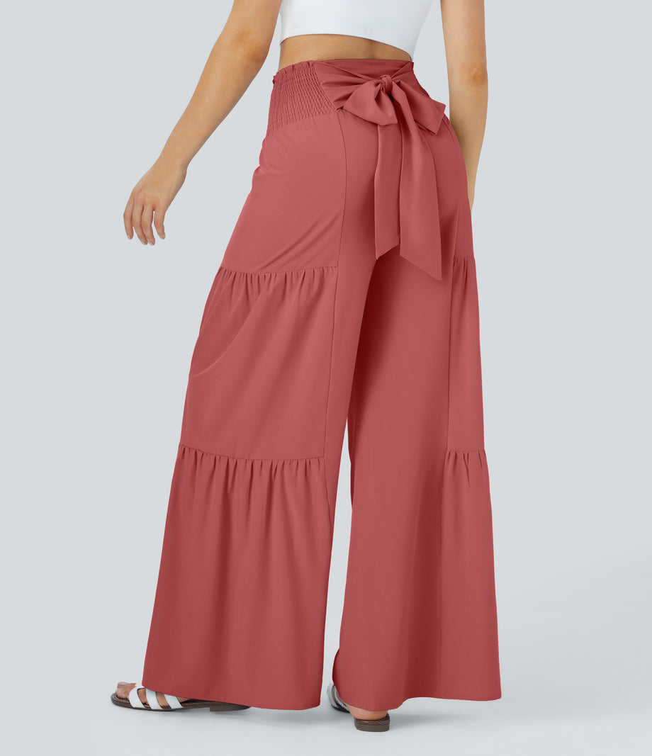 Breezeful™ High Waisted Shirred Tie Front & Back Wide Leg Flowy Quick Dry Casual Pants - Flame Red