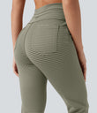 High Waisted Drawstring Stripe Flare Yoga Pants with Pockets - Camo Olive Green