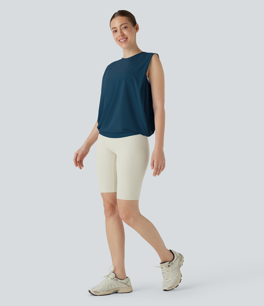 Round Neck Ruched Cool Touch Yoga Tank Top-UPF50+ - Majolica Blue