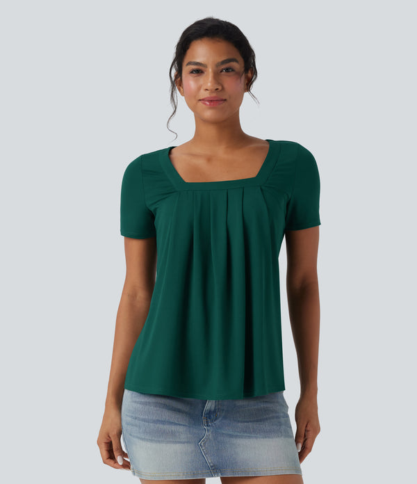 Square Neck Short Sleeve Casual Top - Rain Forest