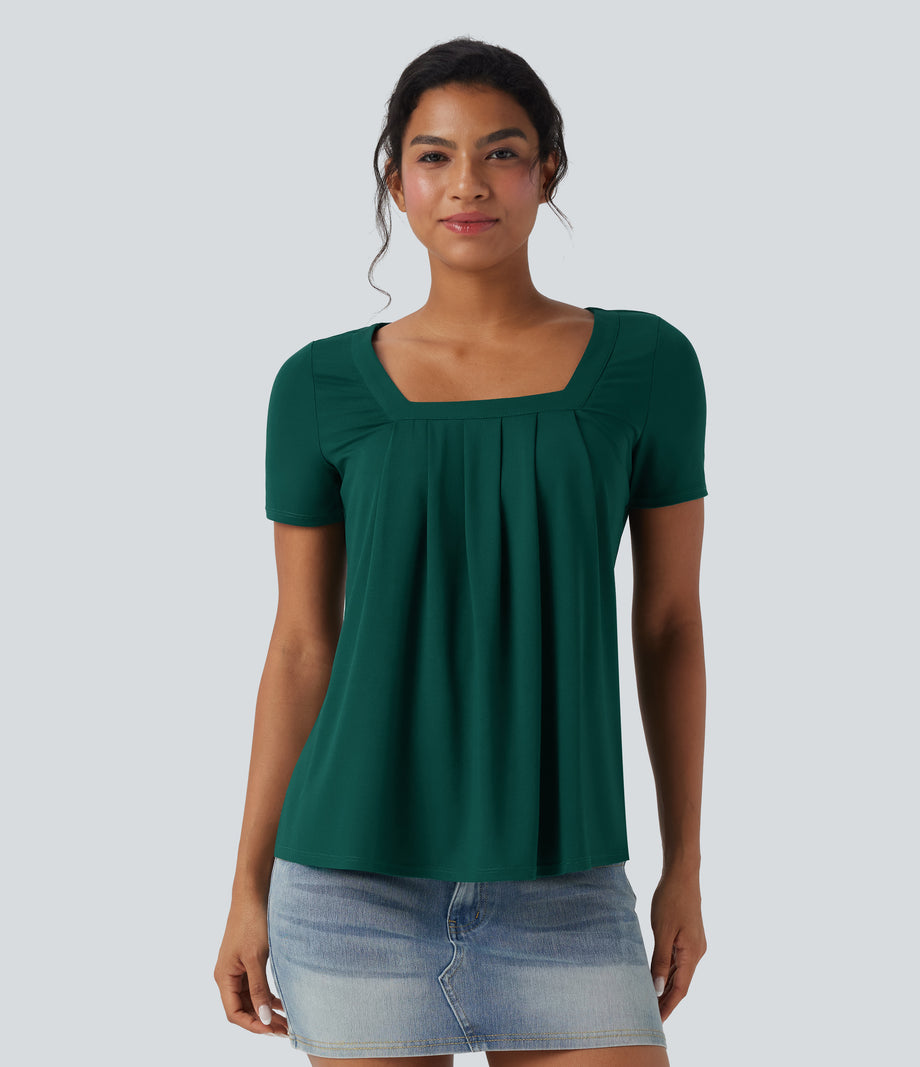 Square Neck Short Sleeve Casual Top - Rain Forest
