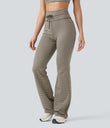High Waisted Drawstring Stripe Flare Yoga Pants with Pockets - Sandstone Beige