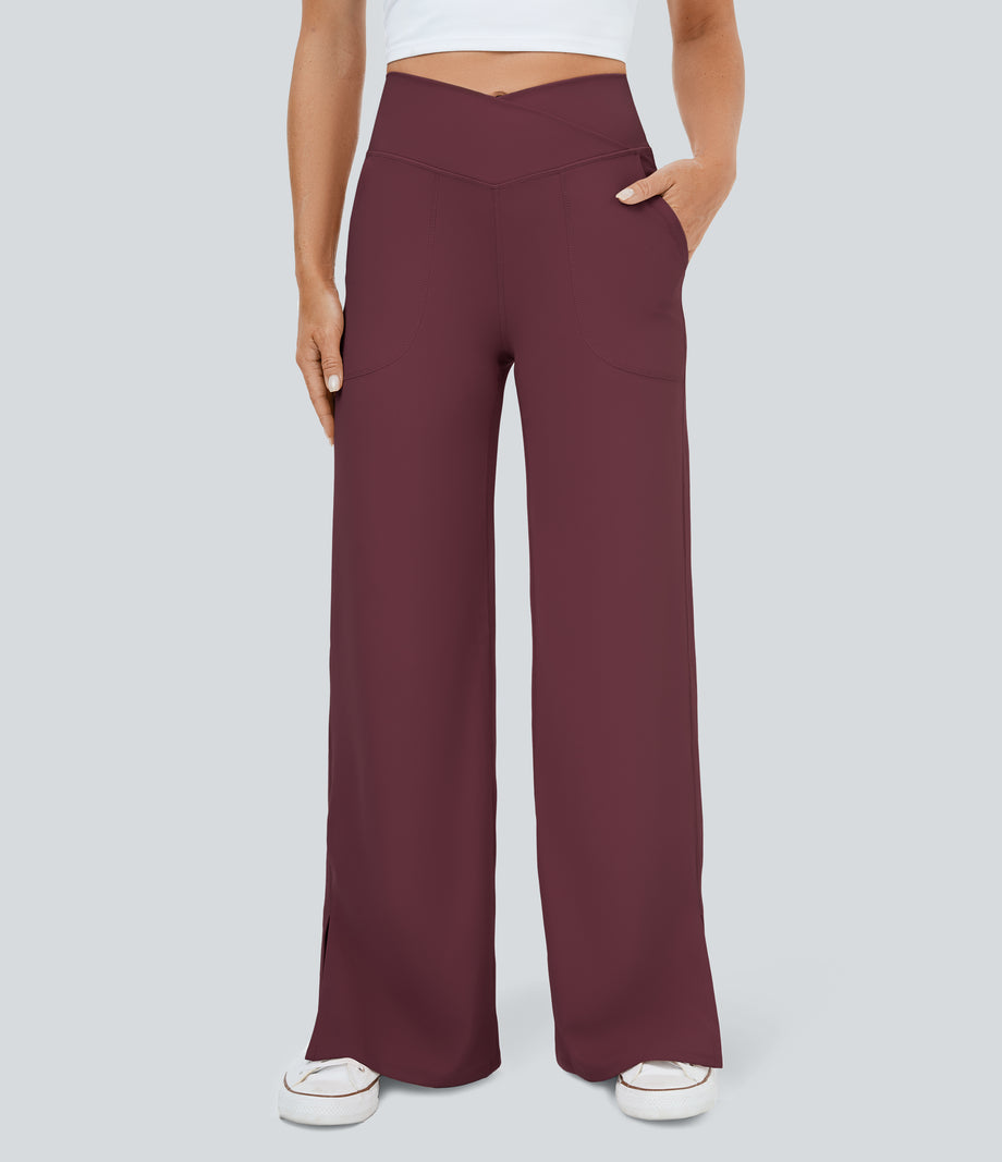 DayStretch Crossover Pocket Hem Wide Leg Yoga Pants-Smile - Red Mahogany