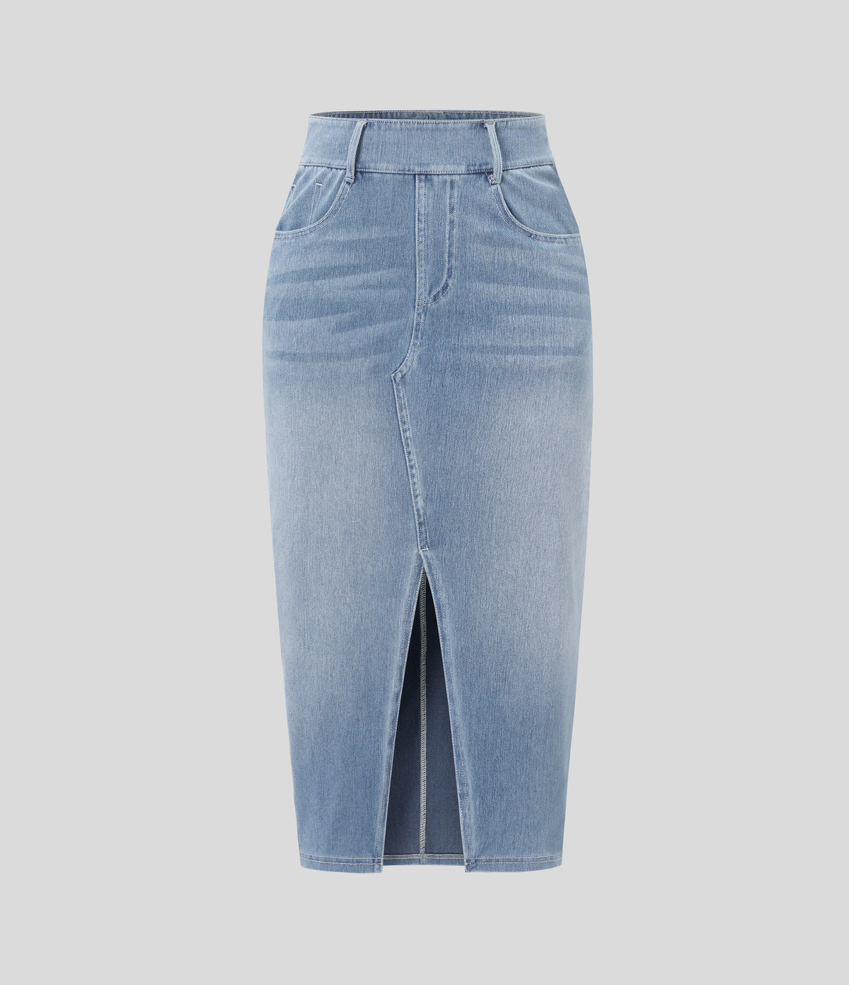 Halara Flex™ High Waisted Pockets Bodycon Washed Denim Casual Midi Skirt - Gray Blue Denim