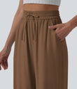 High Waisted Drawstring Wide Leg Casual Linen-Blend Pants with Pockets - Bison