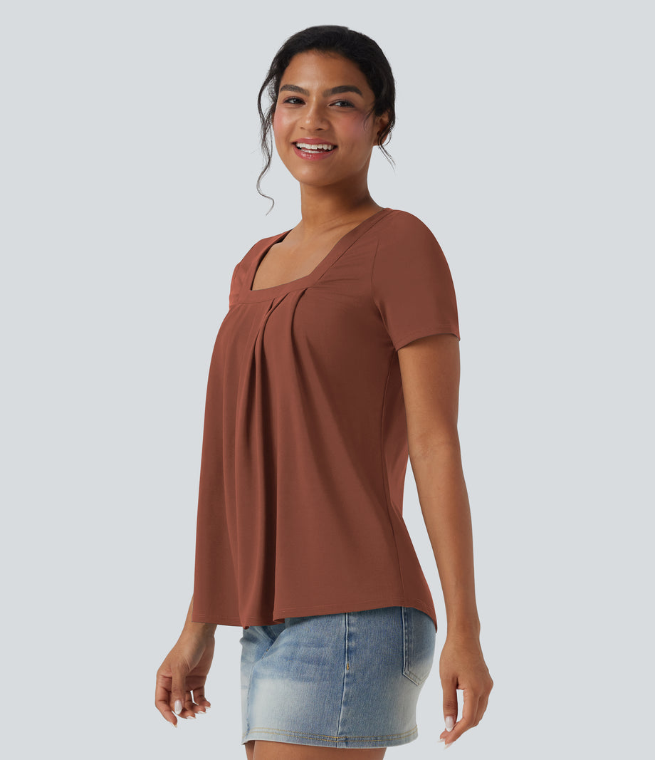 Square Neck Short Sleeve Casual Top - Maple Syrup