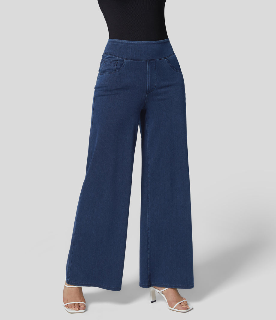 Halara Flex™ High Waisted Pockets Wide Leg Loose Work Jeans - Washed Denim Navy Blue