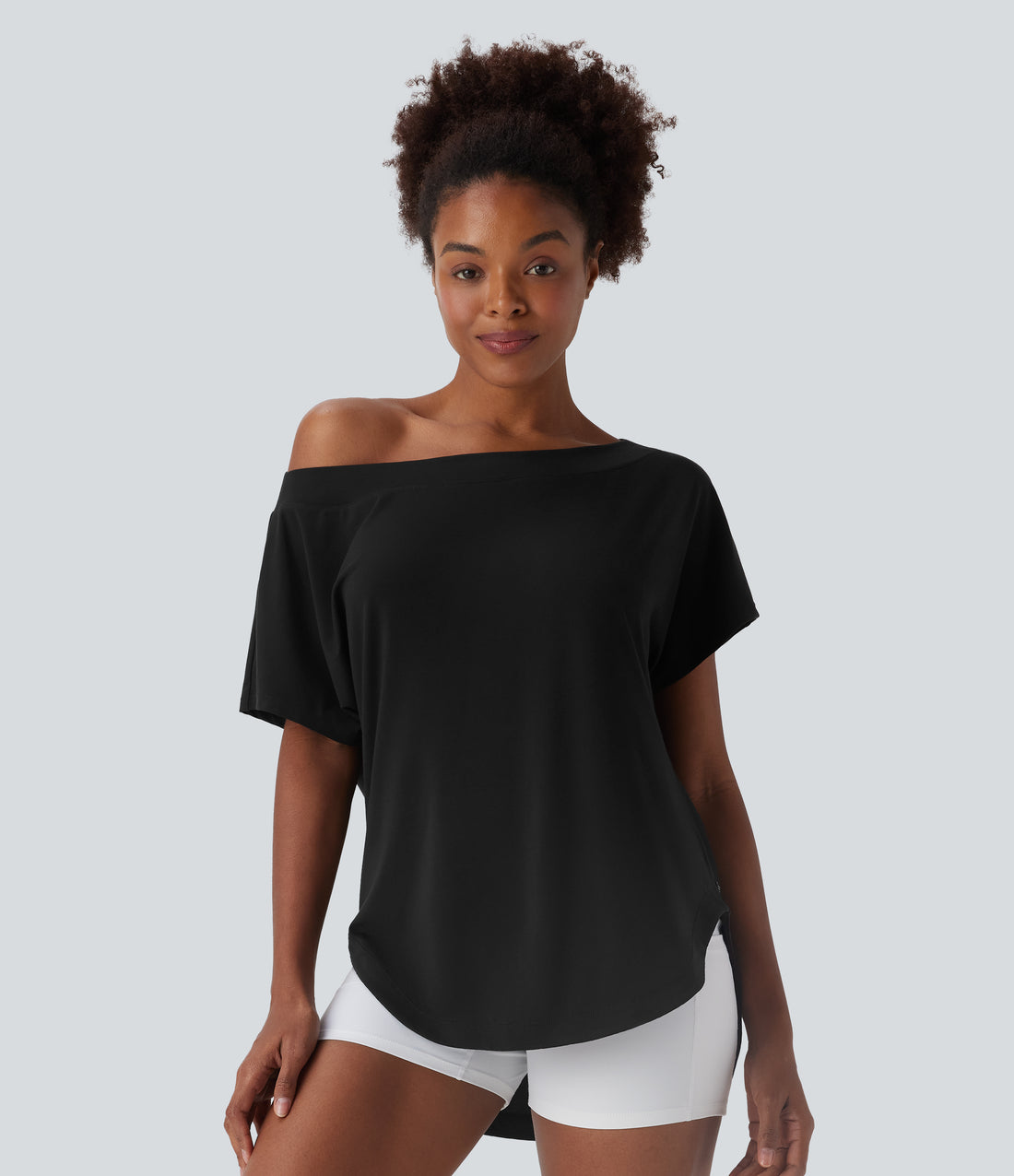 One Shoulder Short Sleeve Curved Hem High Low Quick Dry Yoga Sports Top - Black